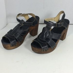 Bed Stu Caitlin Wood and Black Leather Shoes Heeled Sandals Size 9